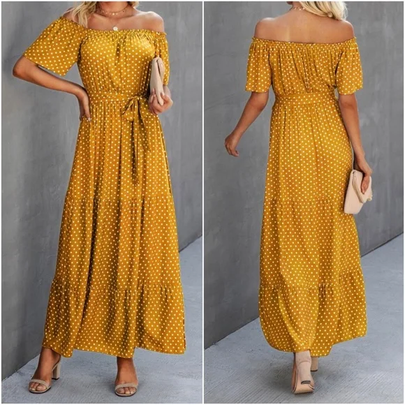 Bohemian Red polka dot off shoulder Belted Maxi dress - Picture 6 of 6